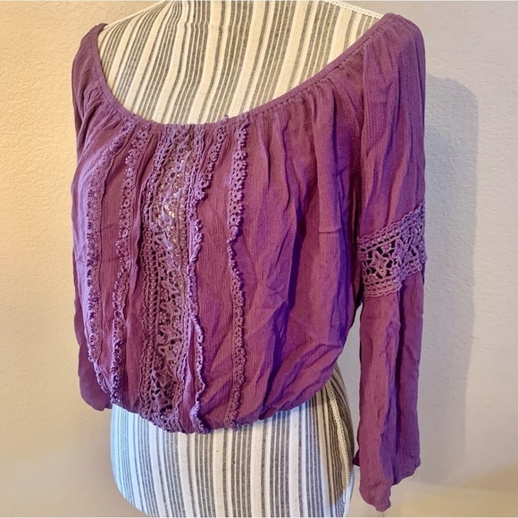 Cropped Peasant Top Large Charlotte Russe Plum Purple Crochet Lace Detail Rayon - Picture 5 of 13